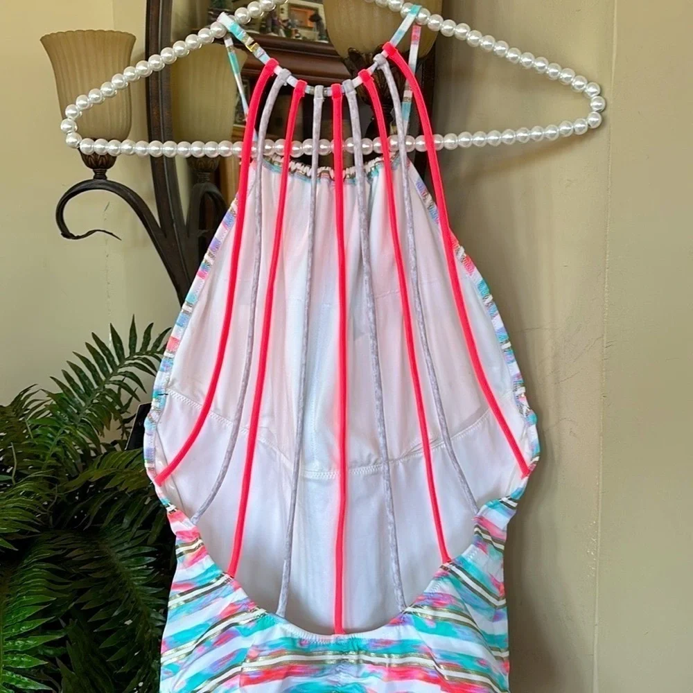 Brand New Victoria's Secret Swimsuit High Neck Strappy Back White Bright Coral